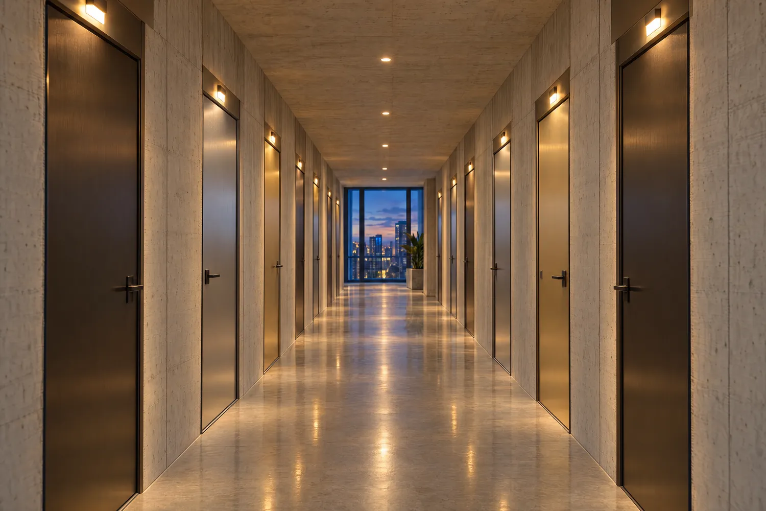 A long apartment corridor with doors in bronze, silver and gold finishes